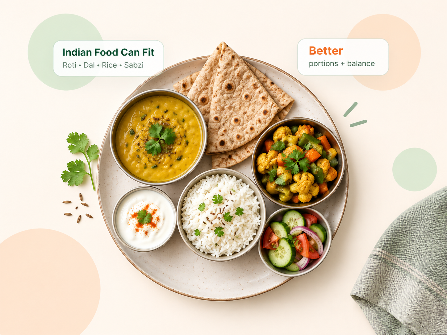 A balanced plate of Indian food - roti, dal, rice and sabzi